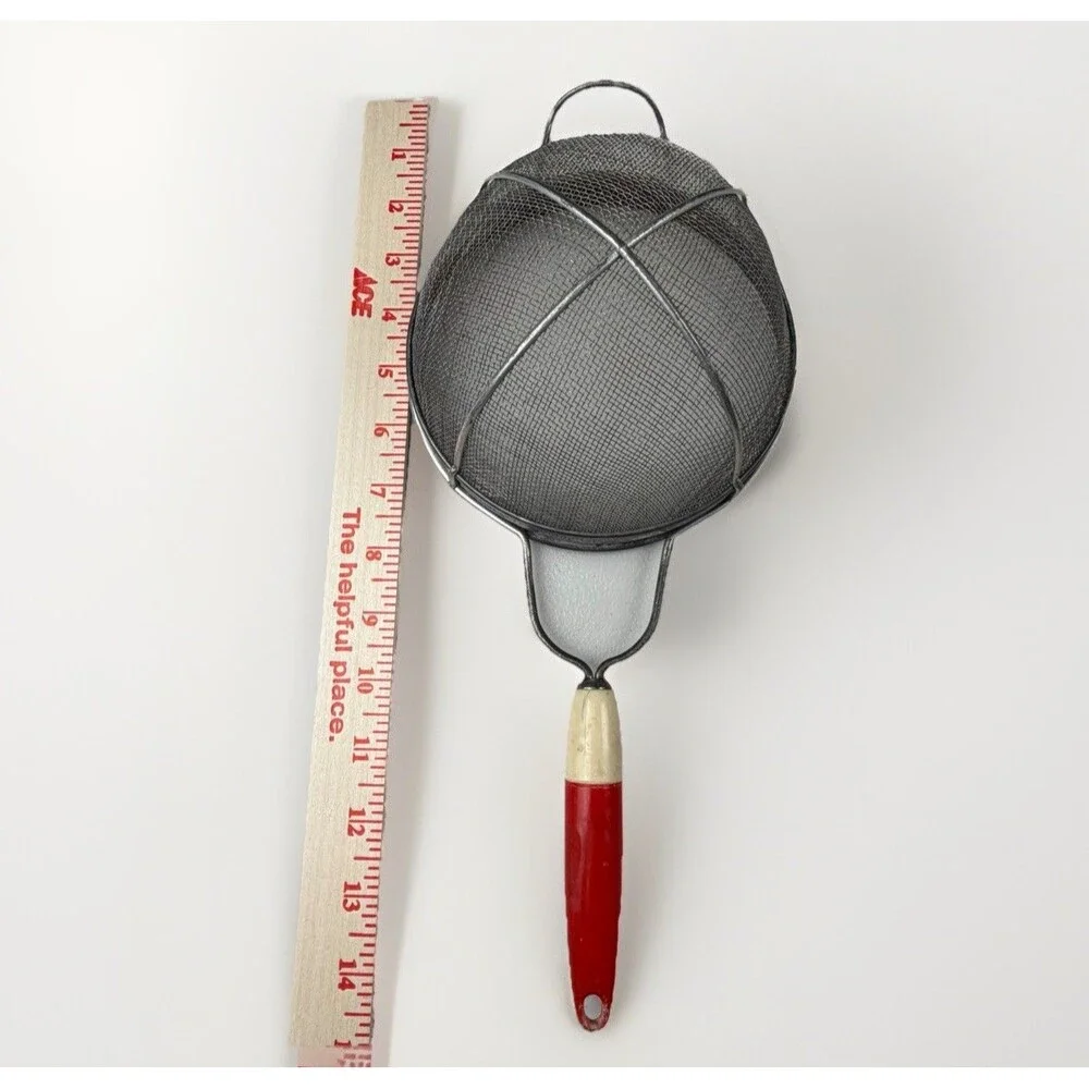 Vintage Androck 14″ Sieve Strainer‎ Red Swirl Bakelite Handle Kitchen Utensil